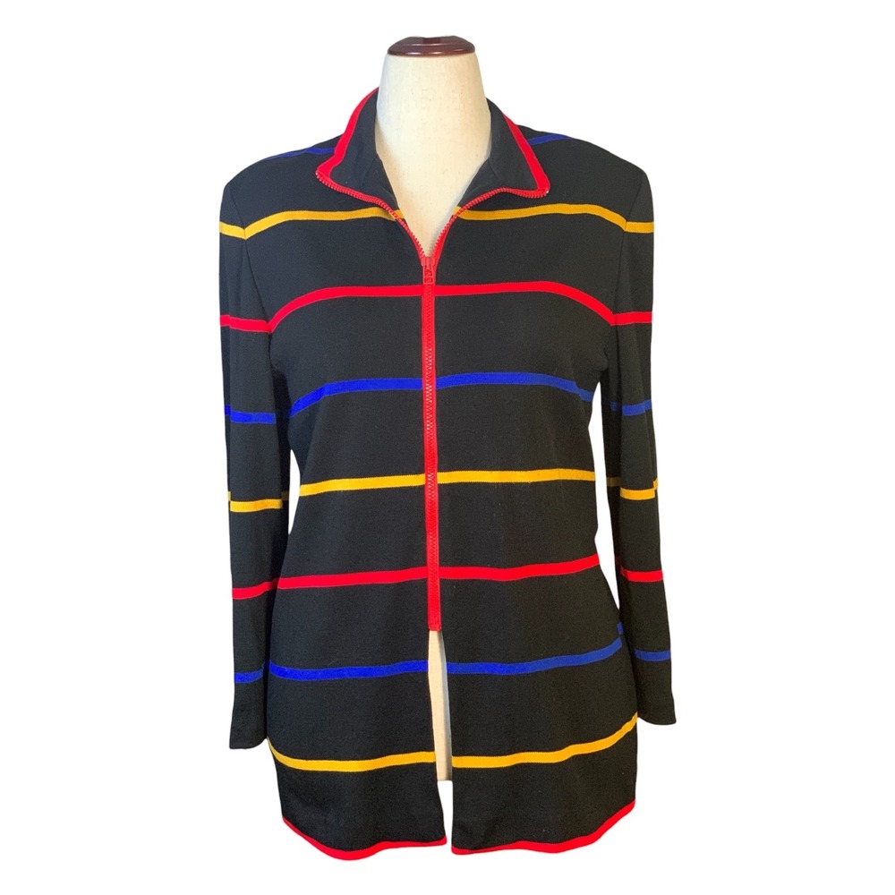 Caron Components Blk Vintage Multi Color Striped Knit Zip Up Cardigan Retro Sz 8